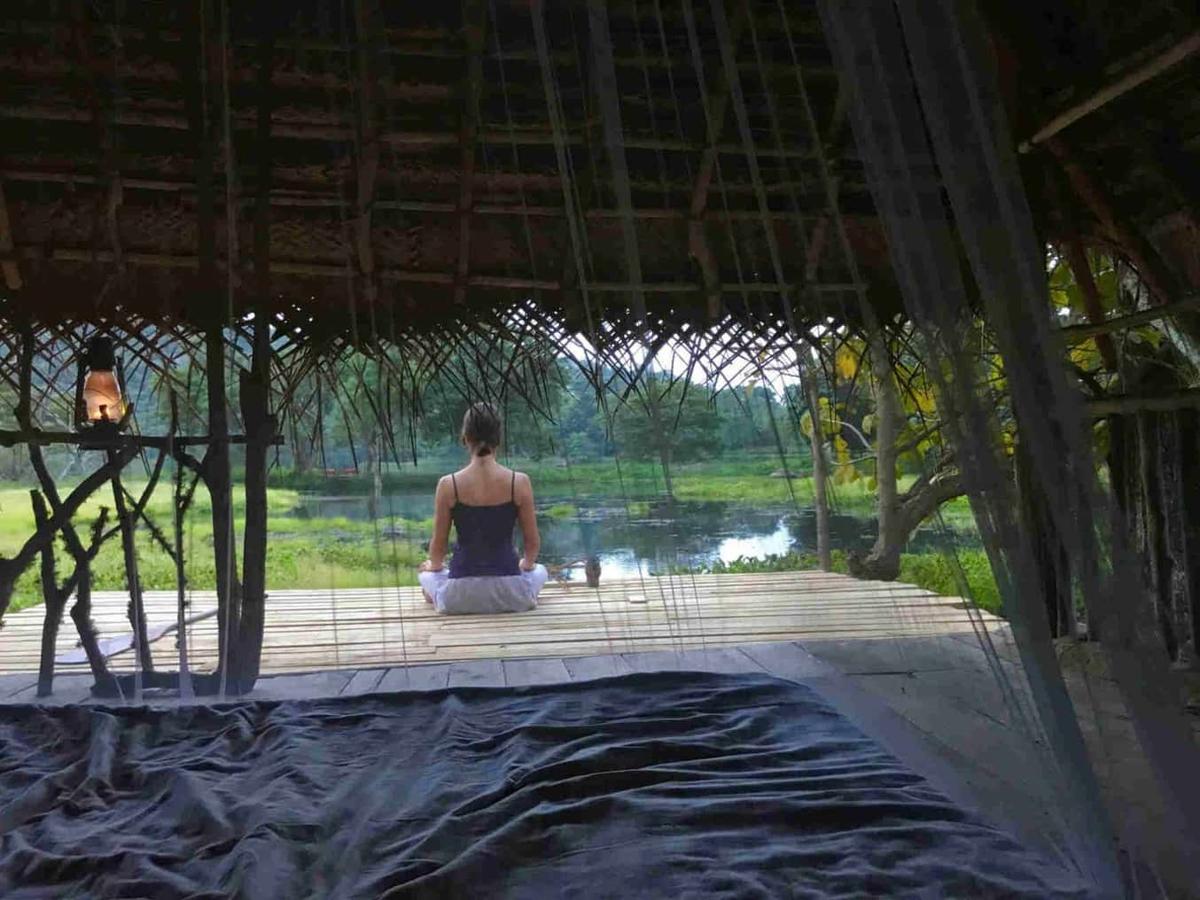 A woman seated in meditation on a bamboo deck facing the still lake and green wetland, a lit hurricane lantern hanging at her side