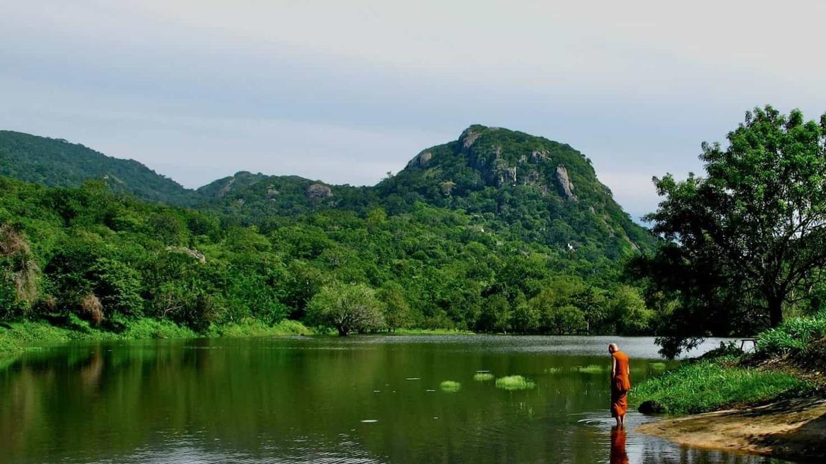 A barefoot Buddhist monk in orange robes standing in quiet contemplation at the water's edge, jungle hills and a rocky peak behind
