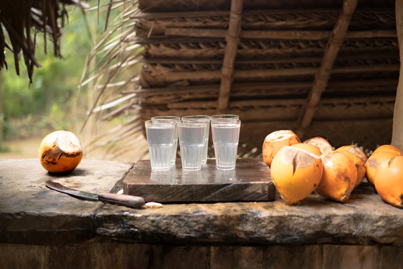 Six glasses of king coconut water on a dark wooden board next to freshly cut orange king coconuts and a knife on a stone counter beneath a thatched roof.