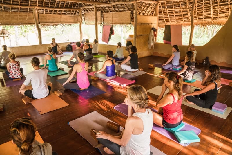 A group of guests seated cross-legged on yoga mats in an open-sided thatched shala, with sunlight falling across the wooden floor and a teacher at the front.